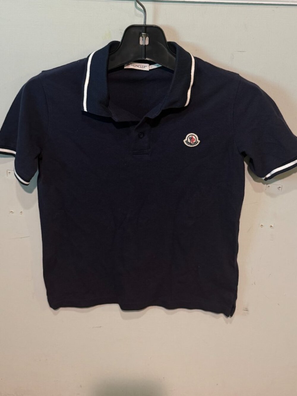Moncler Polo Short Sleeve Shirt Boys Youth Size 10-12 Navy Blue and White EUC